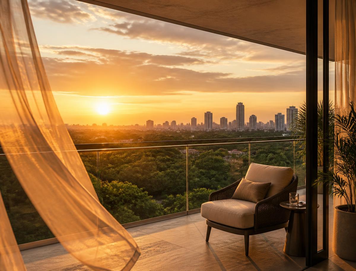 Sunset view over green treetops from a residence balcony